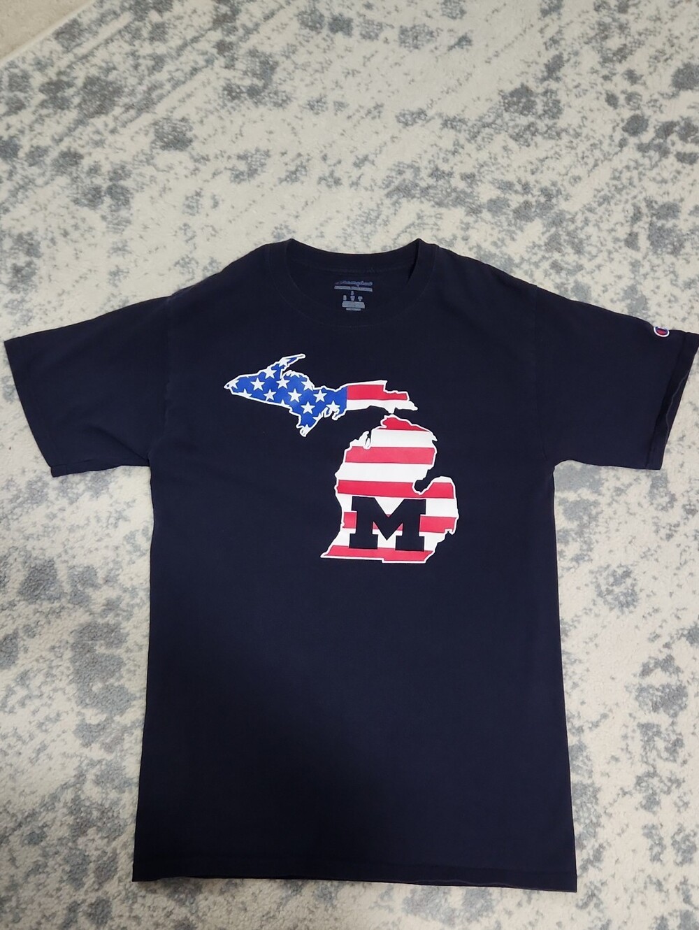 Champion Navy Tee with Red White and Blue Michigan Graphic